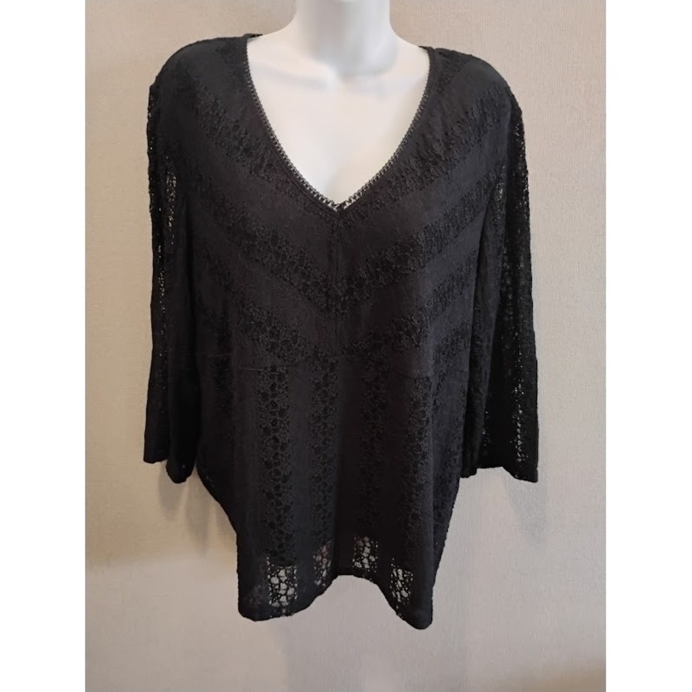Biyaycda Black Lace Top Vintage Y2K Goth Boho Sheer Sleeves Stretch Plus Size 1X